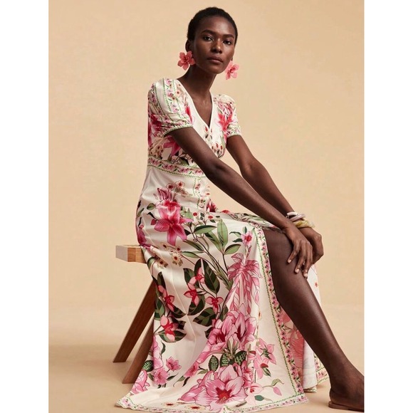 Pink Tropical Floral V-Neck Button Front Maxi Dress Size Large Cream - Picture 5 of 13